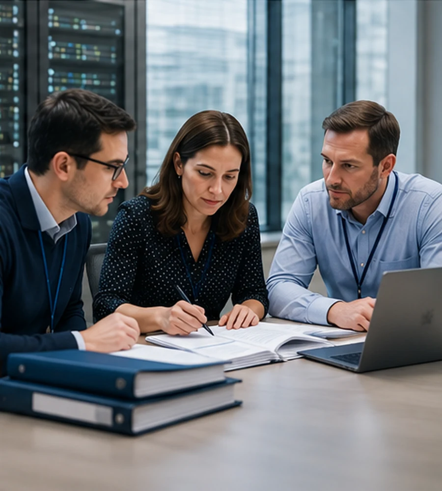 Professionals reviewing documentation during an IT controls assessment