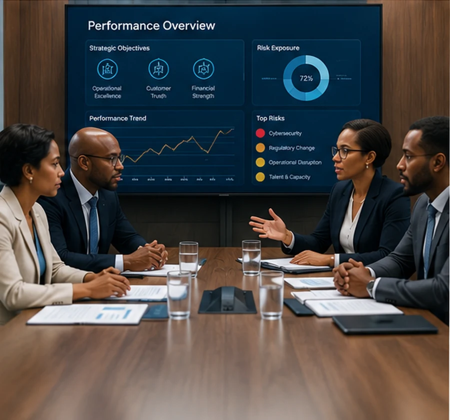 Executive team discussing governance, risk, and performance