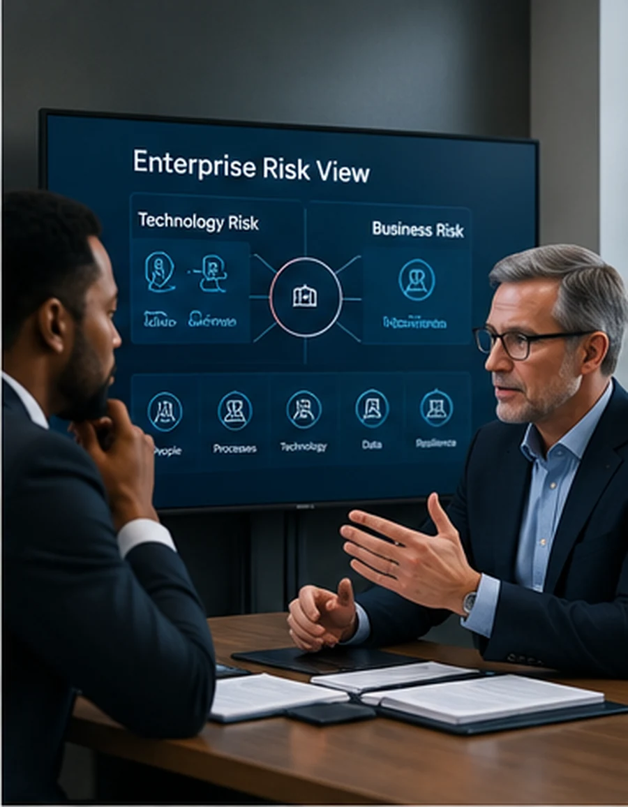 Professionals discussing technology risk and business risk